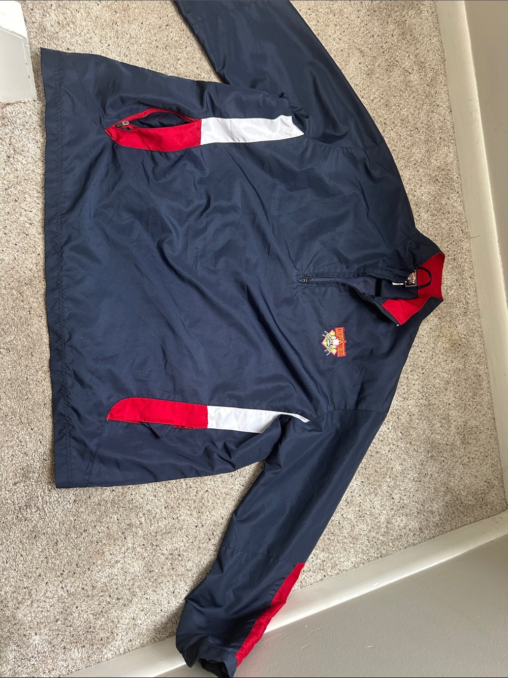 Navy Blue Men's Half-Zip Windbreaker with Red & White Accents